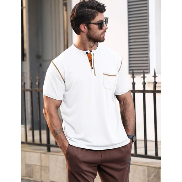 Mens White Short Sleeve Henley T Shirt Casual Slim Fit Muscle Tee Top - Picture 3 of 6